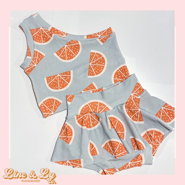 Handmade Toddler Summer Set, bummies, crop top,  Bright Oranges Spring Set, Skirted Bummies, Off the shoulder, summer, spring set, handmade