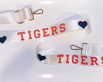 Detroit Tigers Bag Strap: Glitter Orange, Navy Hearts