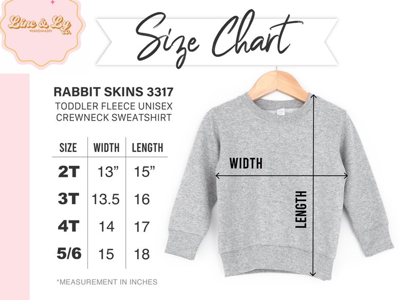 May include: Size chart for a toddler fleece unisex crewneck sweatshirt. The chart shows sizes 2T, 3T, 4T, and 5/6 with corresponding width and length measurements in inches.