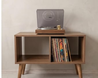 Soporte para tocadiscos de estilo moderno de mediados de siglo / Consola para tocadiscos con almacenamiento de vinilos / Mueble multimedia retro de madera maciza