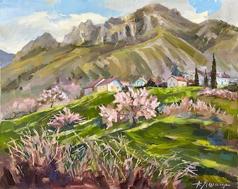 Countryside Mountain Landscape, Spring Landscape, Original Impasto Painting, Impressionism Painting, Landscape with Mountains