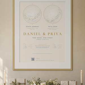 Könnte beinhalten: Ein gerahmtes vertikales Poster mit zwei kreisförmigen Sternenkarten, den Namen Daniel Moreno und Priya Shah, dem Text Daniel & Priya, Two Skies, One Story, Married 14 June 2025, astrologischen Daten und einem QR-Code auf beigem Grund.