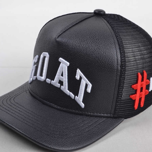 GOAT Pu Leather Trucker Hat for Men & Women, Adjustable Baseball Cap, Mesh Snapback, Black Greatest Of All Time