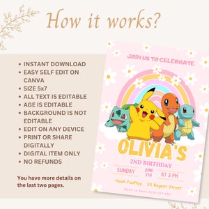 Invitación de cumpleaños editable de Pokémon para niña Invitación de Pokémon Fiesta de cumpleaños Chica Pikachu Invitación Pokémon Canva Pikachu Invitación Fiesta de niñas imagen 2