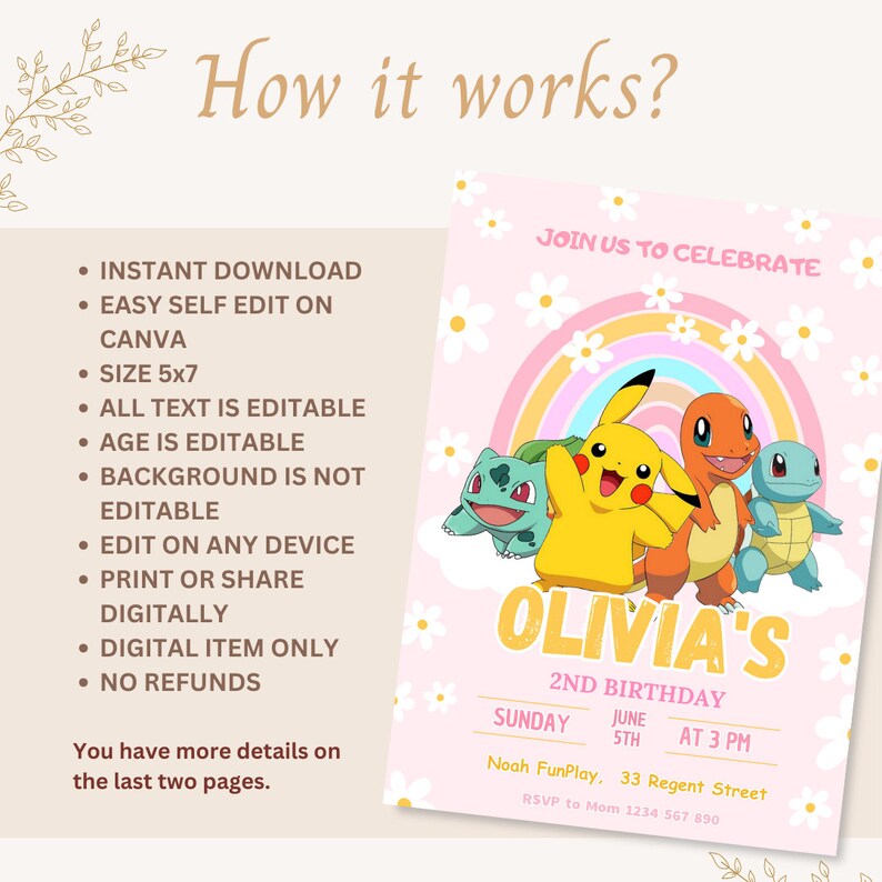 Editable Pokemon Birthday Invite for Girl Pokemon Invitation Birthday Party Girl Pikachu Invite Pokemon Canva Pikachu Invitation Girl Party image 2