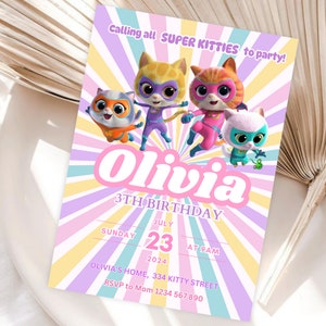 Super Kitty Birthday Invitation Template Girl Editable Super Kitties Digital Invitation for Girl Cute Cat Invite Super Kitty Girl Party SK03 image 7