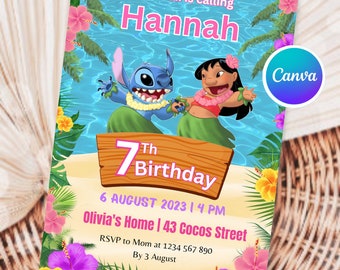 Editable Stitch Birthday Invitation for Girl Stitch Invitation Template Digital Girl Party Invite Stitch Party Girl Editable Template Invite
