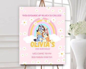 Editable Bluey Welcome Sign for Girl Blue Dog Birthday Sign Bluey Invitation Girl Bluey Birthday Welcome Planel Girl Bluey Invite BB04