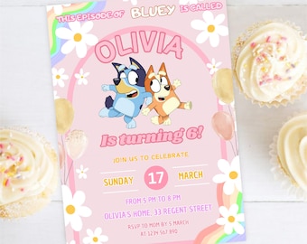 Invitación de cumpleaños editable de Bluey para invitación de niña para fiesta de niñas Invitación de Bluey Plantilla de invitación de Bluey digital Bluey Girl Party BB03