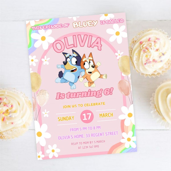 Invitation d'anniversaire Bluey modifiable pour fille, invitation pour une fête de fille, Invitation Bluey, modèle d'invitation numérique Bluey, fête de fille Bluey BB03