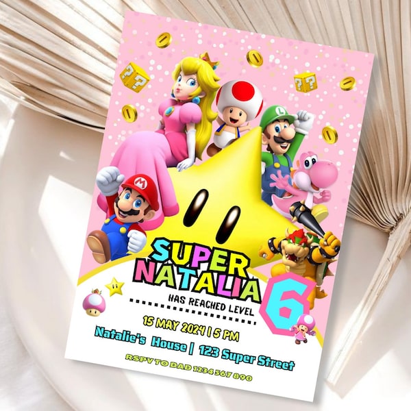 Bewerkbare Princess Peach verjaardagsuitnodiging Princess Peach Digitale uitnodiging voor meisje Super Mario uitnodiging kinderfeestspel meisje nodig kinderen uit