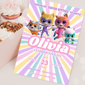 Super Kitty Birthday Invitation Template Girl Editable Super Kitties Digital Invitation for Girl Cute Cat Invite Super Kitty Girl Party SK03 image 5