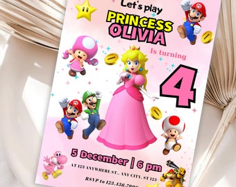 Princess Peach Editable Birthday Invitation Super Mario Girl Birthday Invite Game Girl Invite Princess Peach Invitation for Girl Party kids