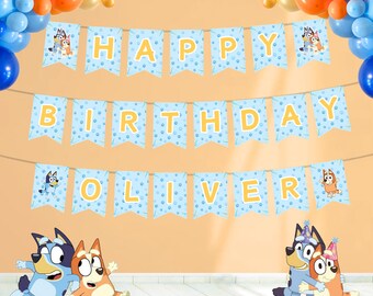Bannière d'anniversaire garçon chien bleu, décorations d'anniversaire bannière bleu garçon, invitation bannière fête bleue bricolage, bannière d'anniversaire imprimable fête BB01