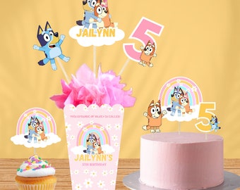Editable Bluey Toppers for Girl Blue Dog Theme Girls Bluey Toppers Birthday Party Supplies Cupcake Toppers bluey  Birthday Centerpices BB04