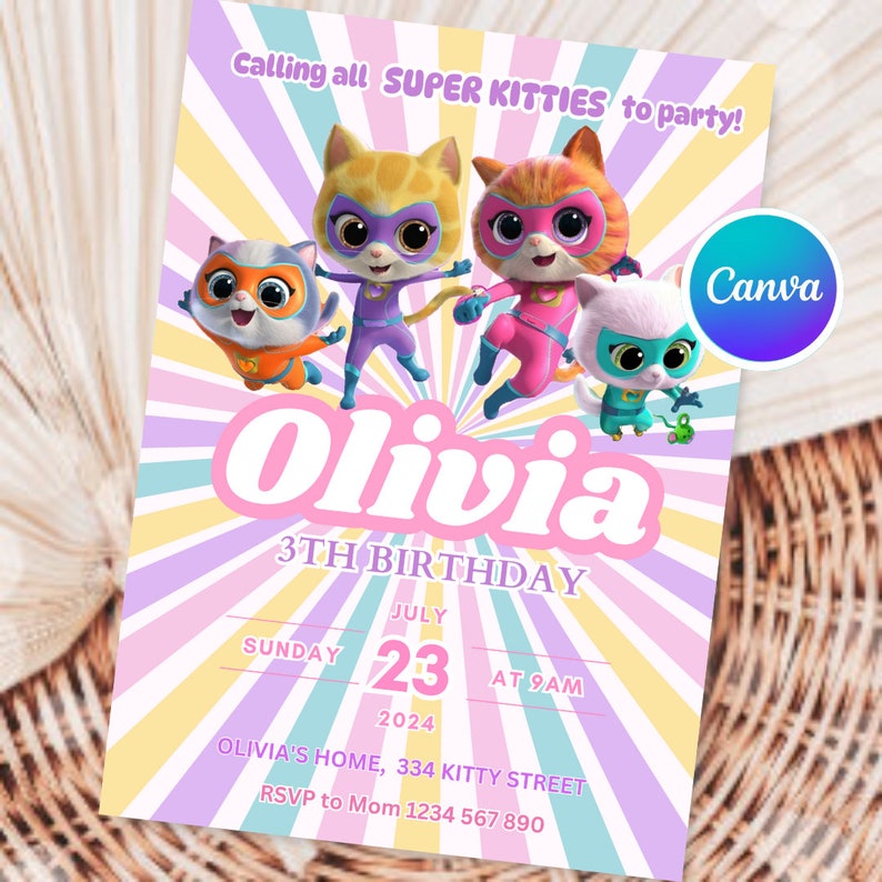 Super Kitty Birthday Invitation Template Girl Editable Super Kitties Digital Invitation for Girl Cute Cat Invite Super Kitty Girl Party SK03 image 6