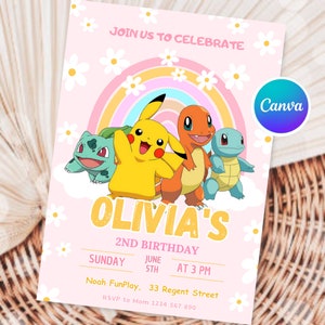 Invitation d'anniversaire Pokemon modifiable pour fille Invitation Pokemon fête d'anniversaire fille Pikachu Invitation Pokemon toile Pikachu Invitation fête fille image 5