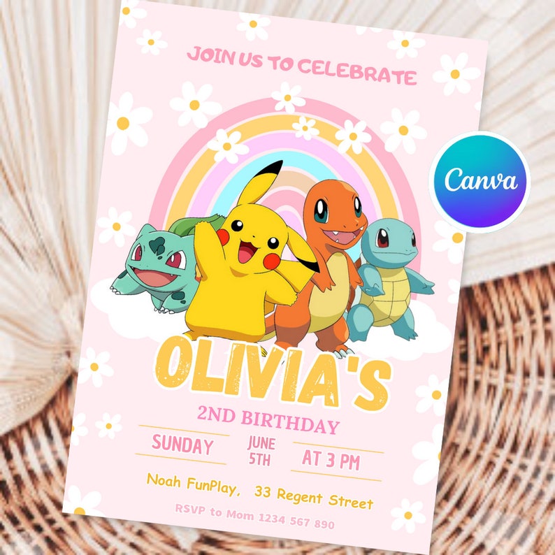 Invitación de cumpleaños editable de Pokémon para niña Invitación de Pokémon Fiesta de cumpleaños Chica Pikachu Invitación Pokémon Canva Pikachu Invitación Fiesta de niñas imagen 5