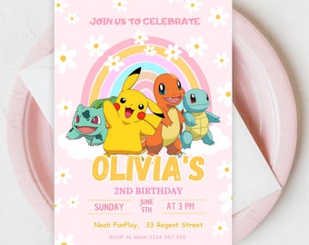 Editable Pokemon Birthday Invite for Girl Pokemon Invitation Birthday Party Girl Pikachu Invite Pokemon Canva Pikachu Invitation Girl Party