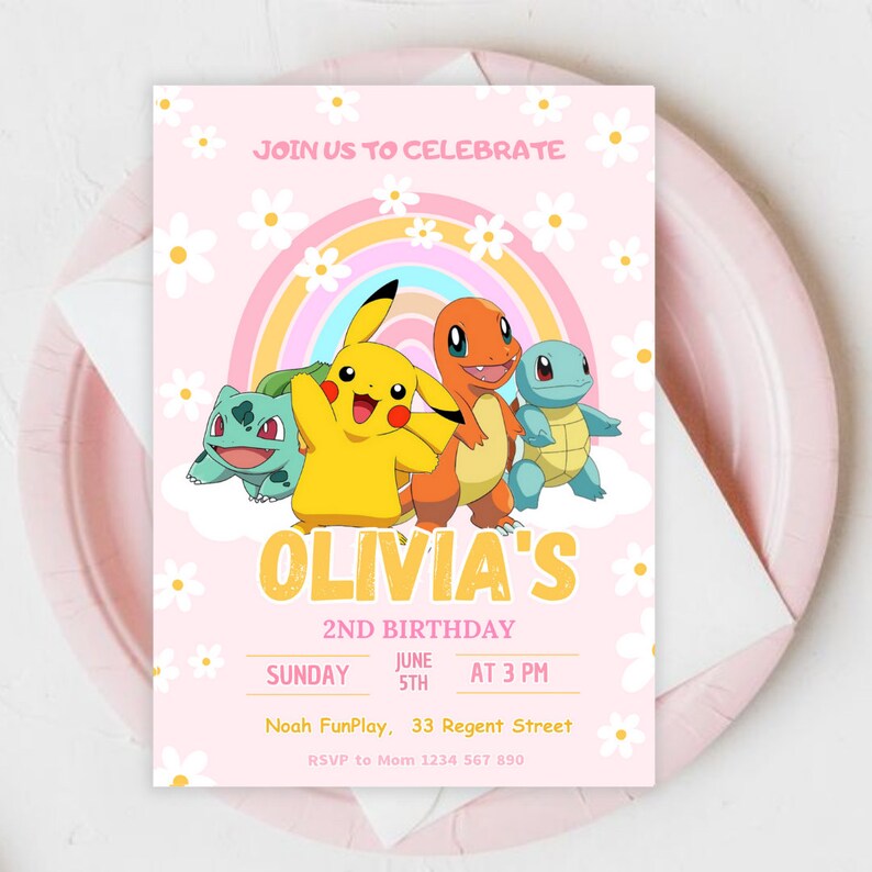 Invitación de cumpleaños editable de Pokémon para niña Invitación de Pokémon Fiesta de cumpleaños Chica Pikachu Invitación Pokémon Canva Pikachu Invitación Fiesta de niñas imagen 1