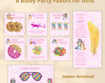 8 favores de fiesta de Bluey para fiesta de niña Tema de perro azul Paquetes de regalos de cumpleaños para niñas Fiesta de regalo de niña azul Gafas de abuela azul Keepy uppy BB04