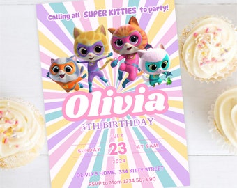 Modèle d'Invitation d'anniversaire Super Kitty Girl Modifiable Super Kitties Invitation numérique pour fille Chat mignon inviter Super Kitty Girl Party SK03