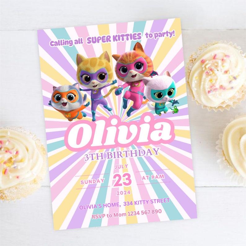 Super Kitty Birthday Invitation Template Girl Editable Super Kitties Digital Invitation for Girl Cute Cat Invite Super Kitty Girl Party SK03 image 1