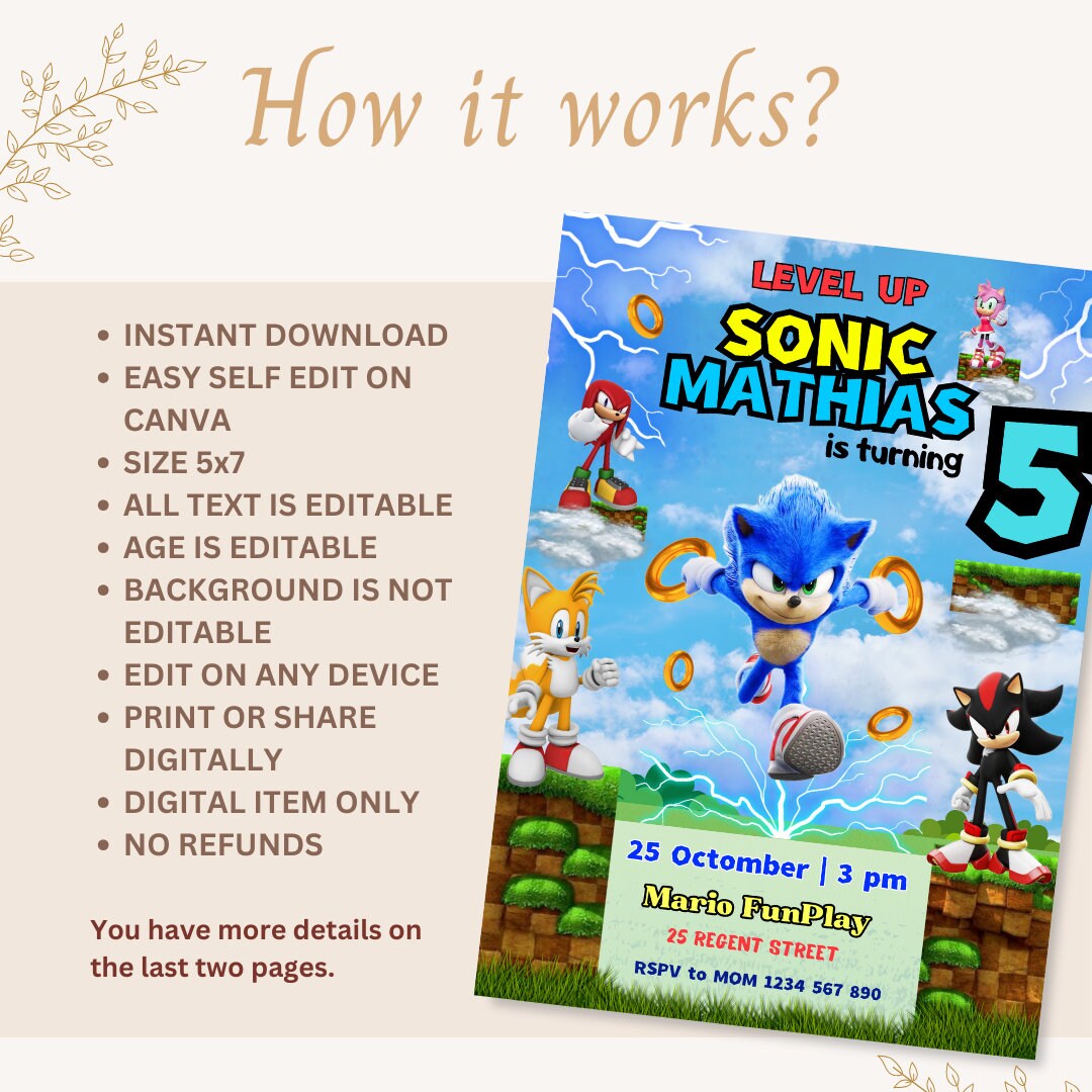 Sonic Invitation Editable Invite Sonic the Hedgehog Birthday Invite ...