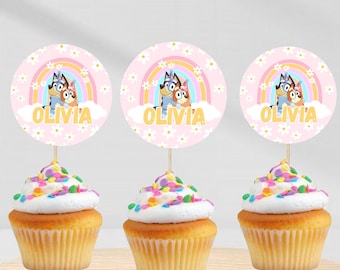 Editable Bluey Cupcake Toppers para niña azul perro tema niñas fiesta de cumpleaños suministros Cupcake Toppers bluey invitación fiesta de niña BB04