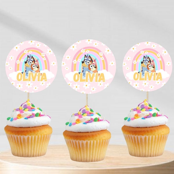 Bearbeitbare Bluey Kuchendeckel für Mädchen Blauer Hund Thema Mädchen-Geburtstags-Partyzubehör Cupcake Toppers bluey Einladung Mädchenparty BB04