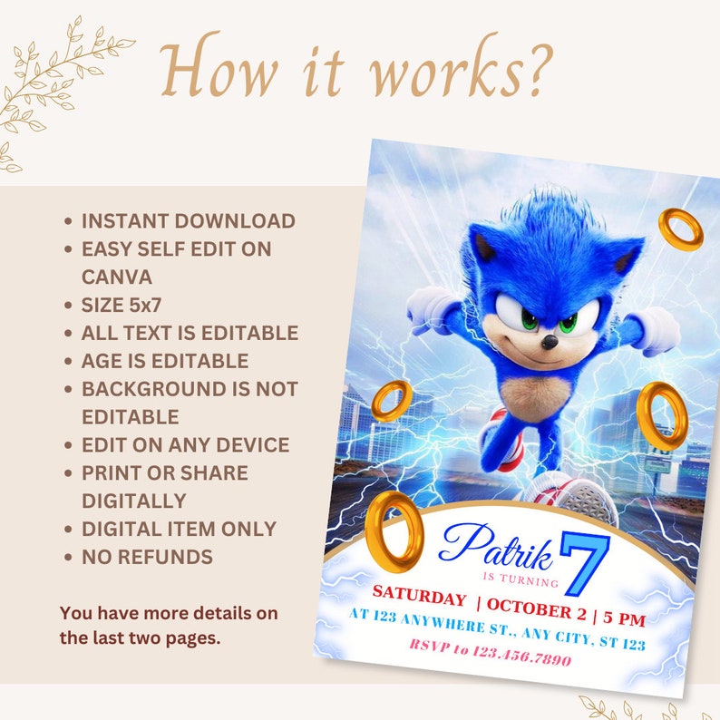 Faire-part d'anniversaire Sonic modifiable pour garçon Faire-part d'anniversaire Sonic l'hérisson Sonic Kids Party inviter Sonic Knuckle and Tails Invitation image 2