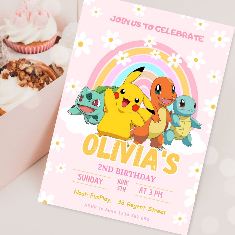 Invitación de cumpleaños editable de Pokémon para niña Invitación de Pokémon Fiesta de cumpleaños Chica Pikachu Invitación Pokémon Canva Pikachu Invitación Fiesta de niñas imagen 7