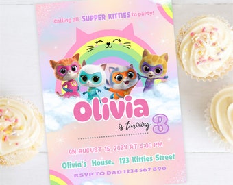 Invitación de cumpleaños editable de Super Kitty para niña Super Kitties Invitación Digital Super Kitties Invitación Plantilla Kitty Girl Party SK01