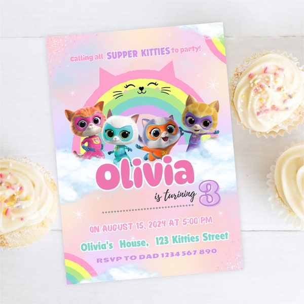 Editable Super Kitty Birthday Invitation for Girl Super Kitties Invitation Digital Super Kitties Invite Template Kitty Girl Party SK01