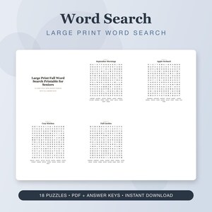 単語探しパズル（印刷可能、大判印刷）秋のシニア向けアクティビティパズルブック、解答付きPDF版（即時ダウンロード可能）