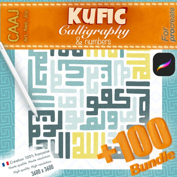 100+ Calligraphie arabe de style KUFI - Alphabet arabe et chiffres arabes | tampons et pinceaux - Téléchargement instantané - Haute qualité