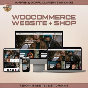 May include: A digital display showing a WooCommerce website and shop across a desktop monitor, a tablet, and a smartphone. The screens feature a leather jacket brand with the text WOOCOMMERCE WEBSITE + SHOP, WORDPRESS, SHOPIFY, SQUARESPACE, WIX & MORE.