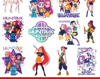 Huntrix Kpop Idol PNG Set, 300 DPI Transparent Clipart, Golden Movie Inspired Graphics, K-Pop Demon Hunter Shirt Design, Chibi Huntrix Fan