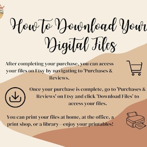 May include: A graphic with instructions on how to download digital files purchased on Etsy. The graphic features a shopping cart, a download arrow, and a printer icon. The text reads "How to Download Your Digital Files" and includes instructions on how to access and print your files.