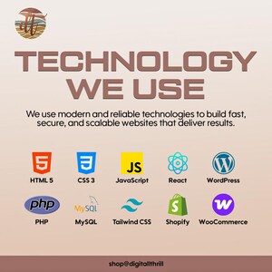 K&ouml;nnte beinhalten: Eine Grafik mit dem Titel TECHNOLOGY WE USE, die eine Liste von Webentwicklungstools mit den Symbolen f&uuml;r HTML 5, CSS 3, JavaScript, React, WordPress, PHP, MySQL, Tailwind CSS, Shopify und WooCommerce auf hellem Hintergrund zeigt.