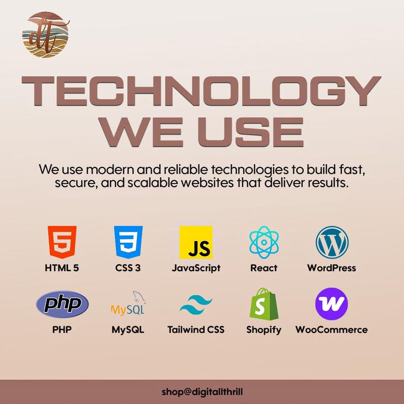 K&ouml;nnte beinhalten: Eine Grafik mit dem Titel TECHNOLOGY WE USE, die eine Liste von Webentwicklungstools mit den Symbolen f&uuml;r HTML 5, CSS 3, JavaScript, React, WordPress, PHP, MySQL, Tailwind CSS, Shopify und WooCommerce auf hellem Hintergrund zeigt.