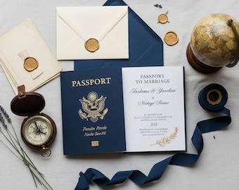 Wedding Invitation Passport Template | Destination Wedding Digital Invite | Navy & Gold Travel Passport to Marriage Editable File
