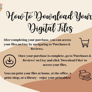 May include: A digital download instruction guide with a shopping cart, download arrow, and printer icon. The text reads "How to Download Your Digital Files" and explains how to access and print digital files purchased on Etsy.