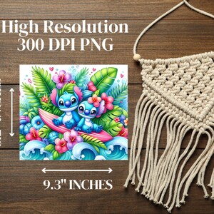 May include: A digital illustration of two blue Stitch characters from the Disney movie Lilo & Stitch, riding a surfboard in a tropical setting. The characters are surrounded by pink and white flowers, green leaves, and blue waves. The image is 8.2 inches tall and 9.3 inches wide.