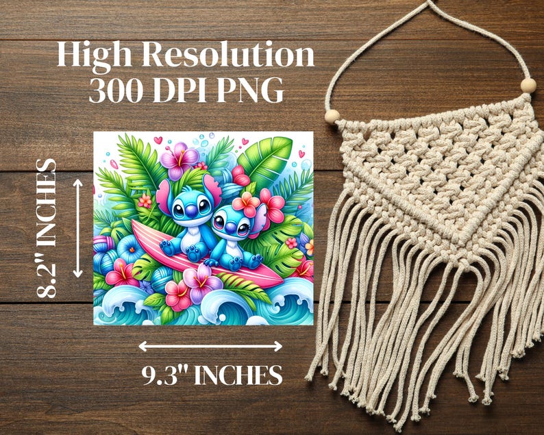 May include: A digital illustration of two blue Stitch characters from the Disney movie Lilo & Stitch, riding a surfboard in a tropical setting. The characters are surrounded by pink and white flowers, green leaves, and blue waves. The image is 8.2 inches tall and 9.3 inches wide.