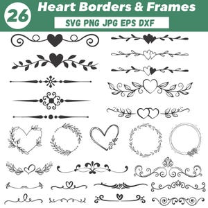 Puede incluir: Una colección de 26 bordes y marcos de corazón negros en varios diseños. La imagen incluye elementos decorativos como corazones, hojas y patrones florales. El texto en la parte superior dice "Heart Borders & Frames" y "SVG PNG JPG EPS DXF".
