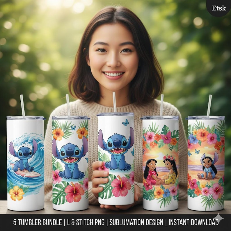 Stitch Lilo Floral Tumbler Wrap, Tropical Sublimation Design (Digital Download) image 3