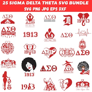 May include: A collection of 25 red and white Sigma Delta Theta SVG graphics. The designs include the Greek letters ΔΣΘ, the number 1913, and various illustrations such as an elephant, a heart, and a woman's silhouette. The text "SVG PNG JPG EPS DXF" is at the top.