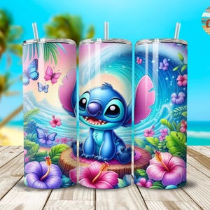 May include: A blue and purple stainless steel tumbler with a cartoon image of Stitch from Lilo & Stitch sitting on a log with tropical flowers and butterflies. The tumbler has a straw and is perfect for enjoying your favorite beverage.