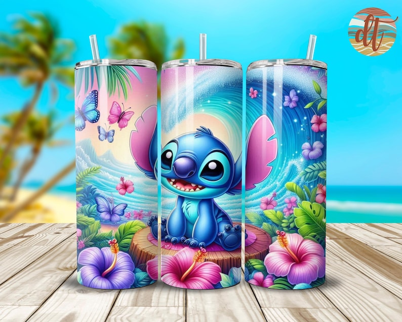 May include: A blue and purple stainless steel tumbler with a cartoon image of Stitch from Lilo & Stitch sitting on a log with tropical flowers and butterflies. The tumbler has a straw and is perfect for enjoying your favorite beverage.